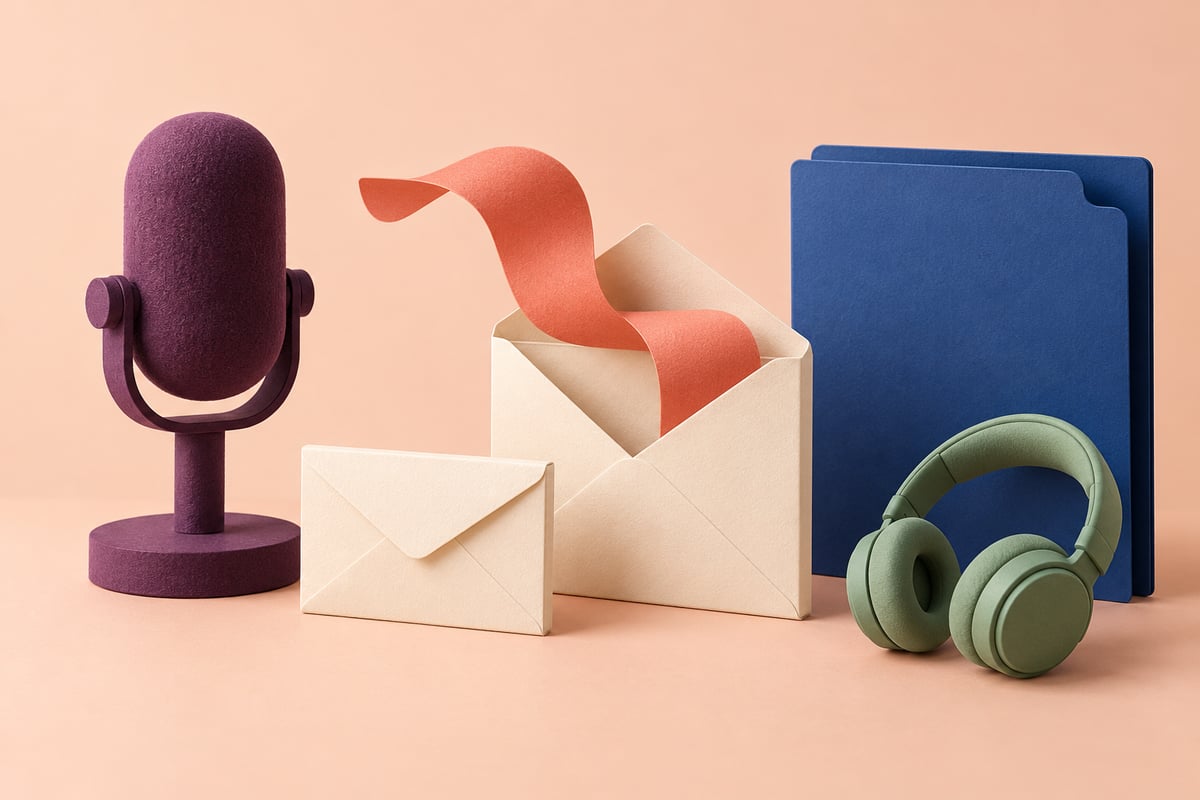 Conceptual plum microphone, two cream envelopes with coral ribbon, cobalt folder and sage headphones on peach.