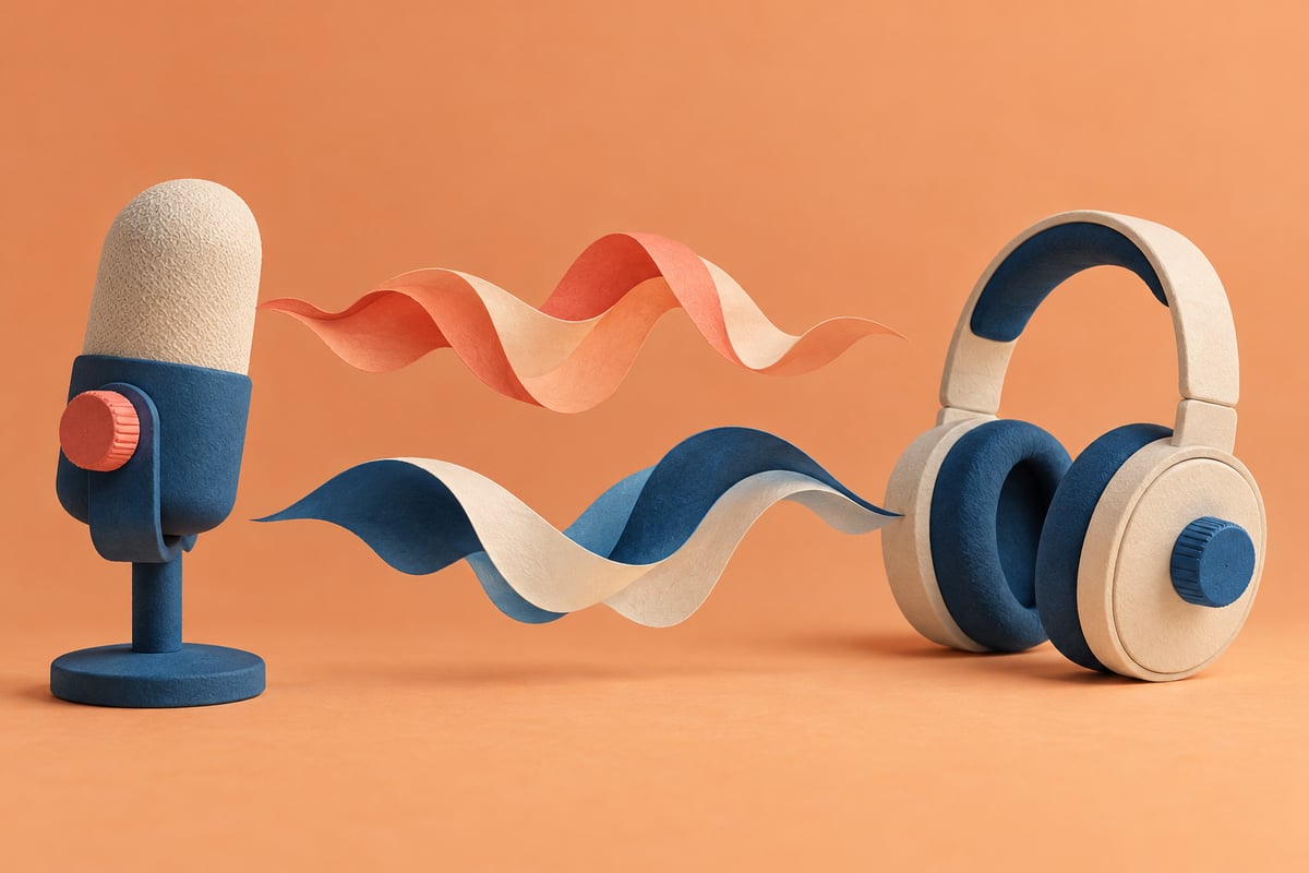 Conceptual microphone with a coral ring beside separate headphones with a blue ring and independent paper sound ribbons on apricot.