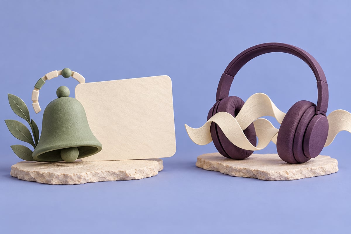 Conceptual sage bell beside a blank cream card, separate from plum headphones and a paper sound ribbon on periwinkle.