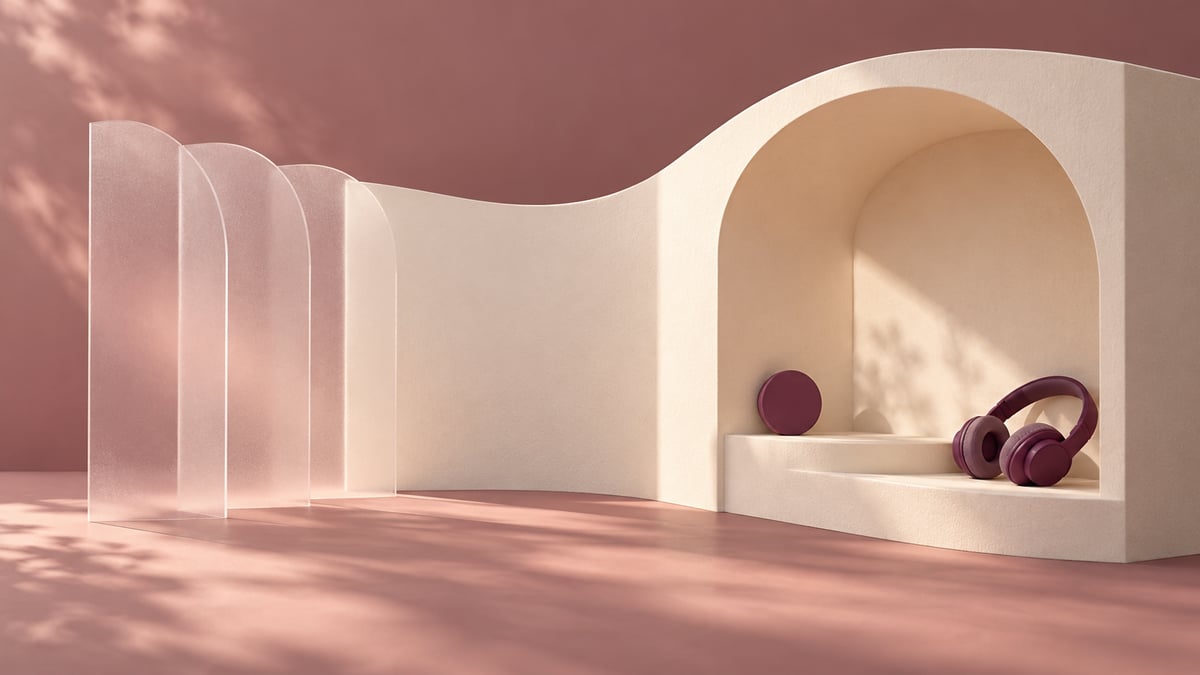 Conceptual ivory reading nook with plum headphones beside translucent paper arches on a dusty rose background.