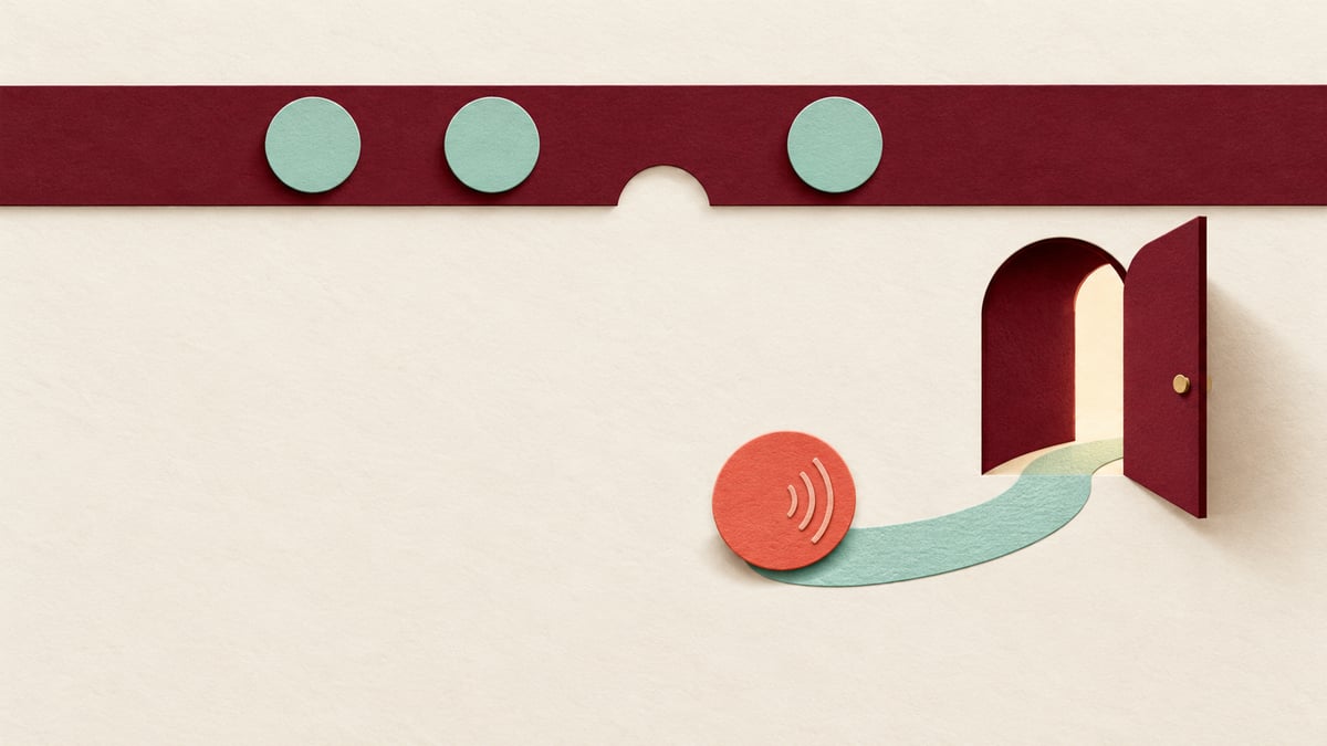 Conceptual burgundy strip with seafoam tokens and a separate coral sound token following a path to an open doorway.