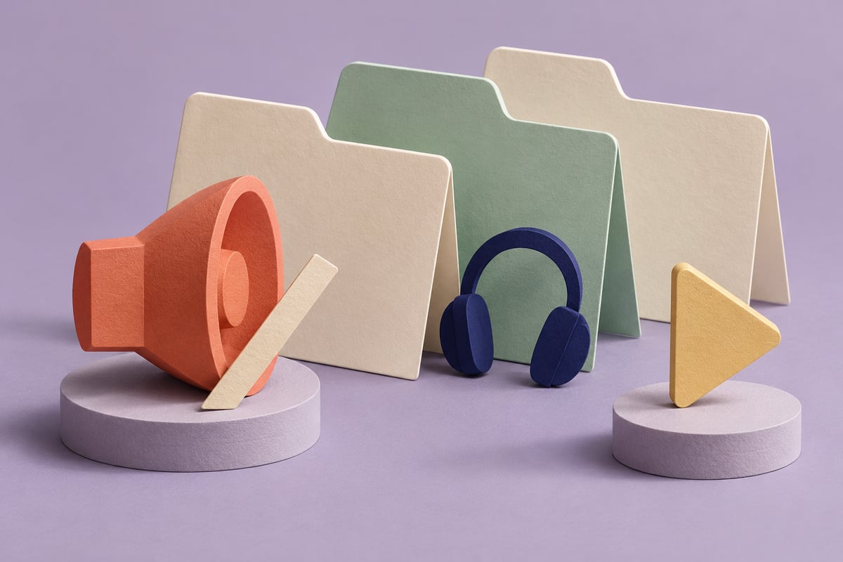 Conceptual cream and mint tab-shaped cards, a coral speaker with a cream diagonal strip, a separate gold play sculpture and navy headphone cutout on lilac.