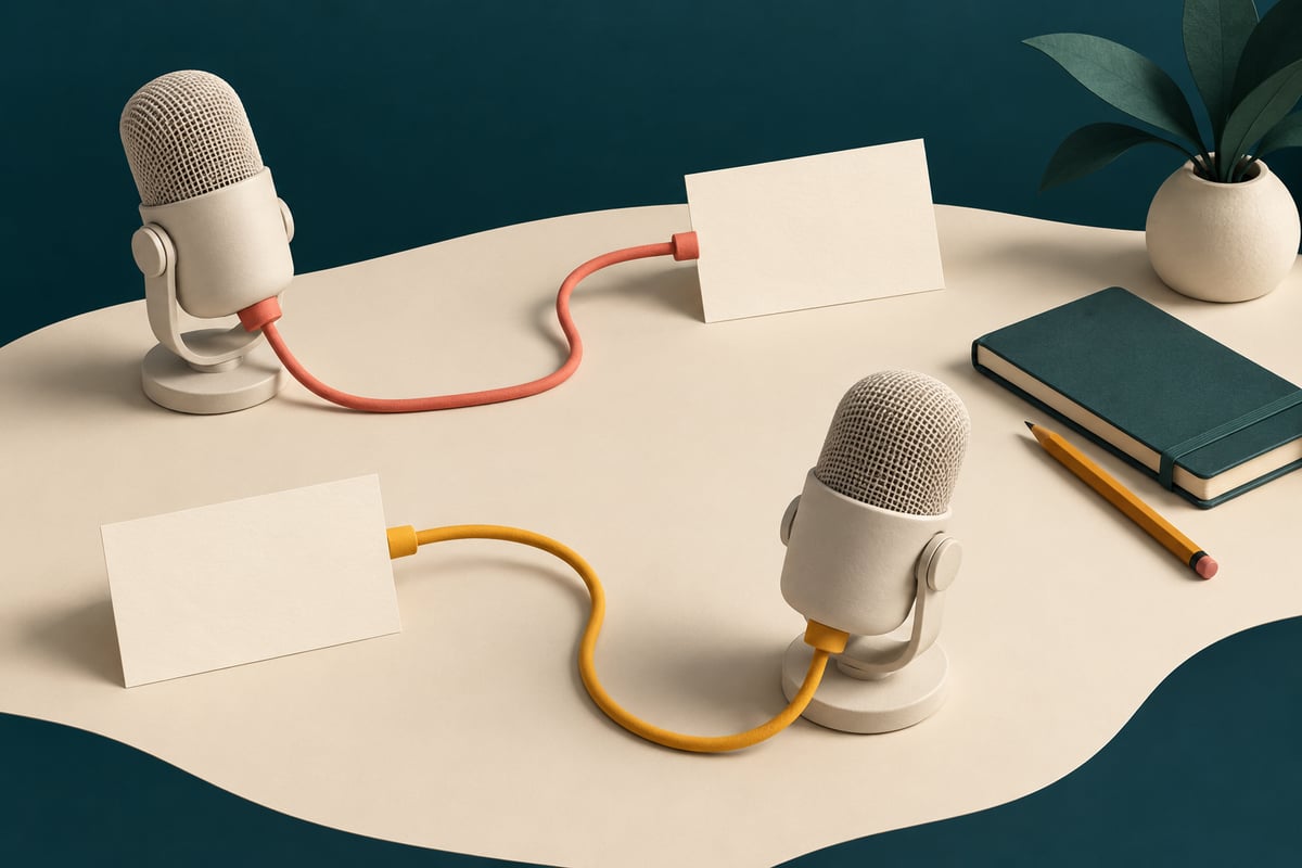 Conceptual cream microphones with coral and yellow cables leading to separate blank note cards on a teal desk.