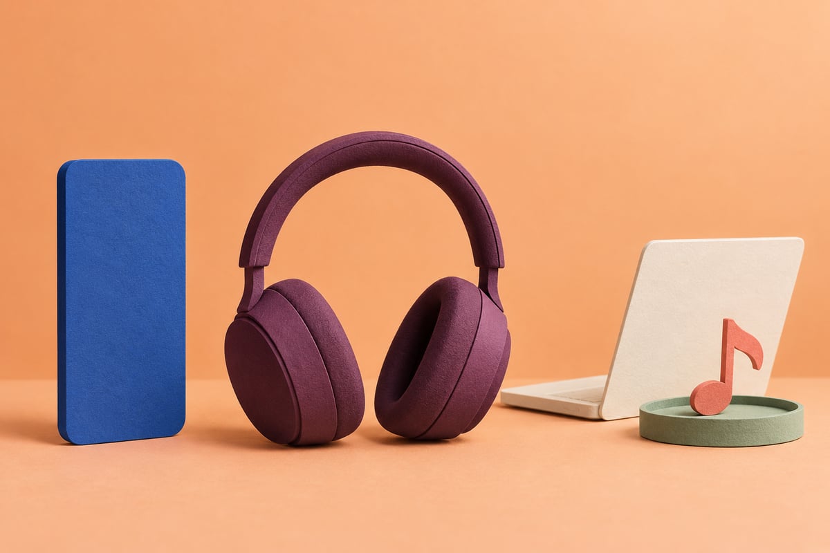 Conceptual plum headphones between a cobalt phone slab and ivory computer, with a coral note on a sage tray.