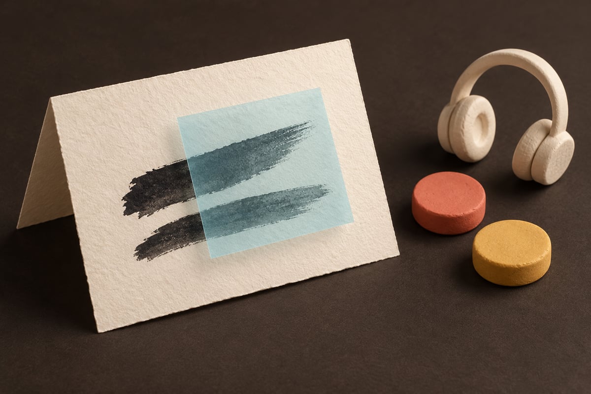 Conceptual ivory reading card under a pale cyan overlay beside coral and amber color tokens and headphones on charcoal.
