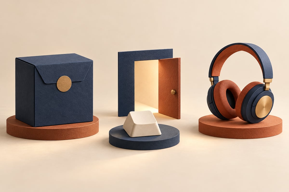 Conceptual navy sealed package, cream keycap and open terracotta doorway beside headphones, representing separate setup decisions.
