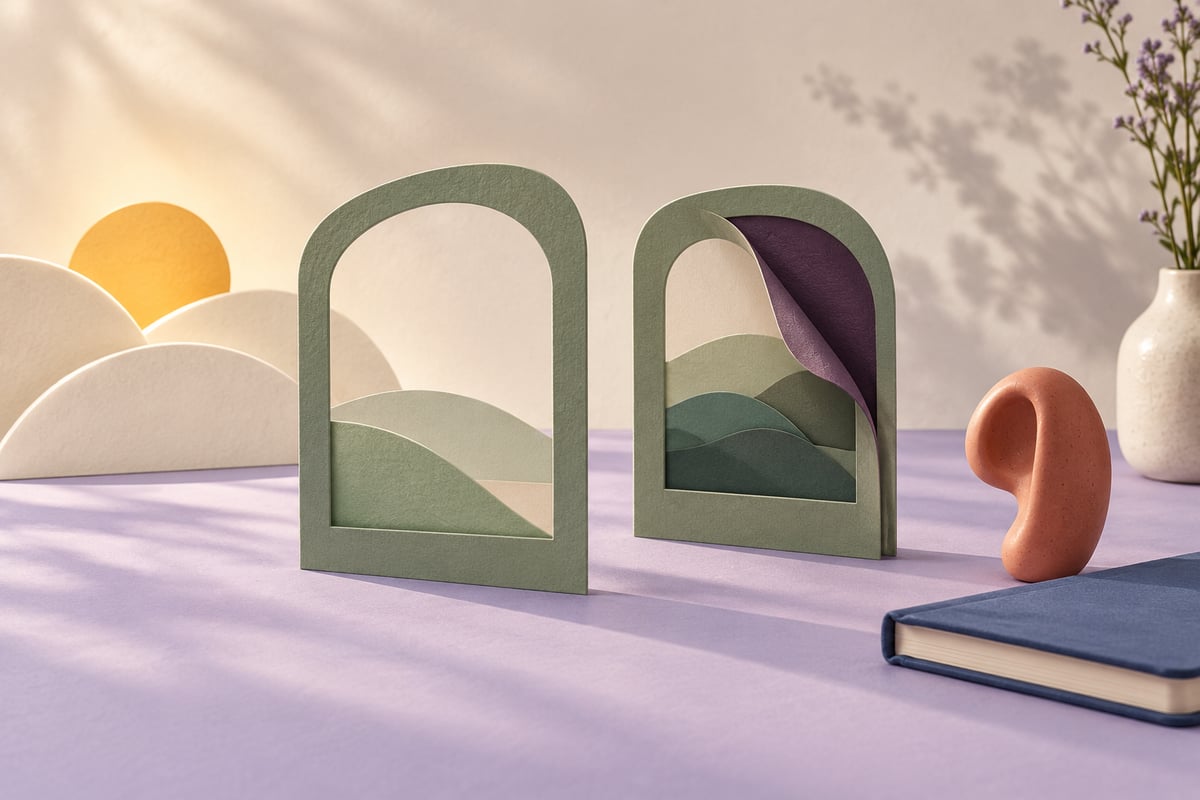 Conceptual sunrise behind ivory layers, two sage paper frames with a plum fold, coral earbud-like sculpture and blue notebook on lavender.