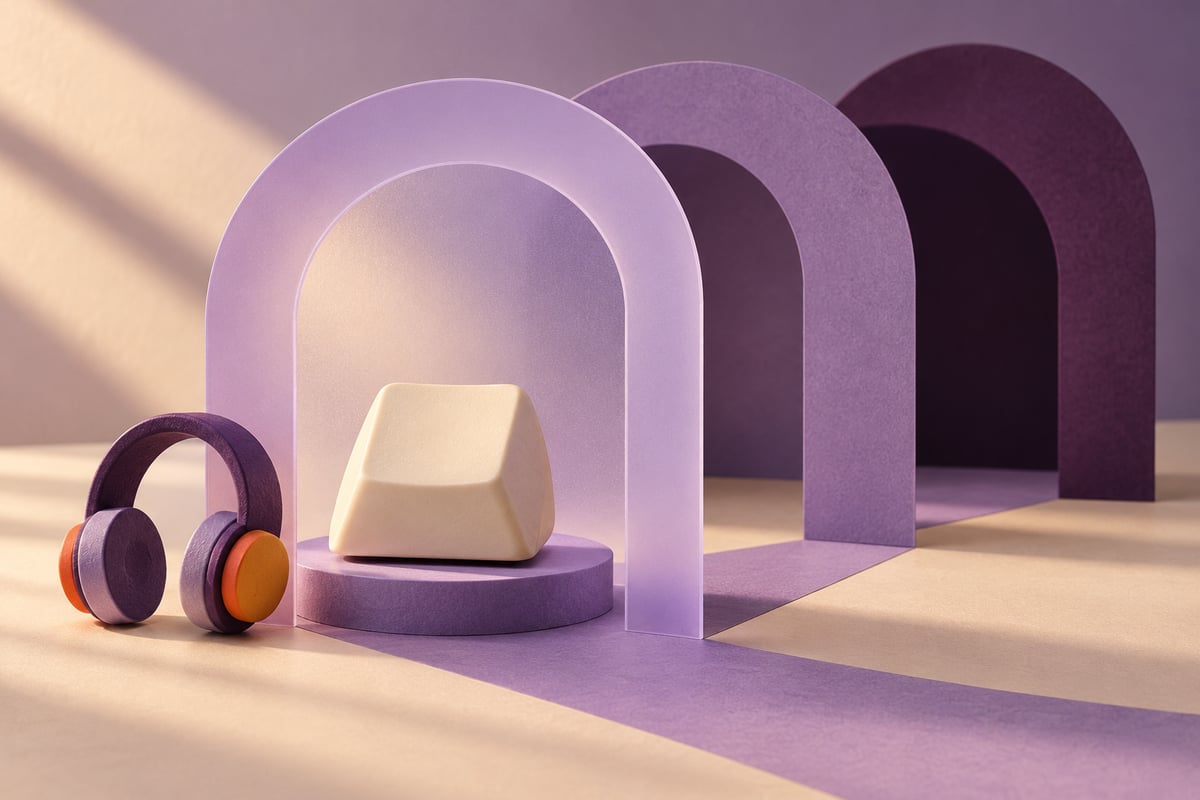 Conceptual cream keyboard key inside a lavender archway with receding plum arches and an abstract headphone motif.