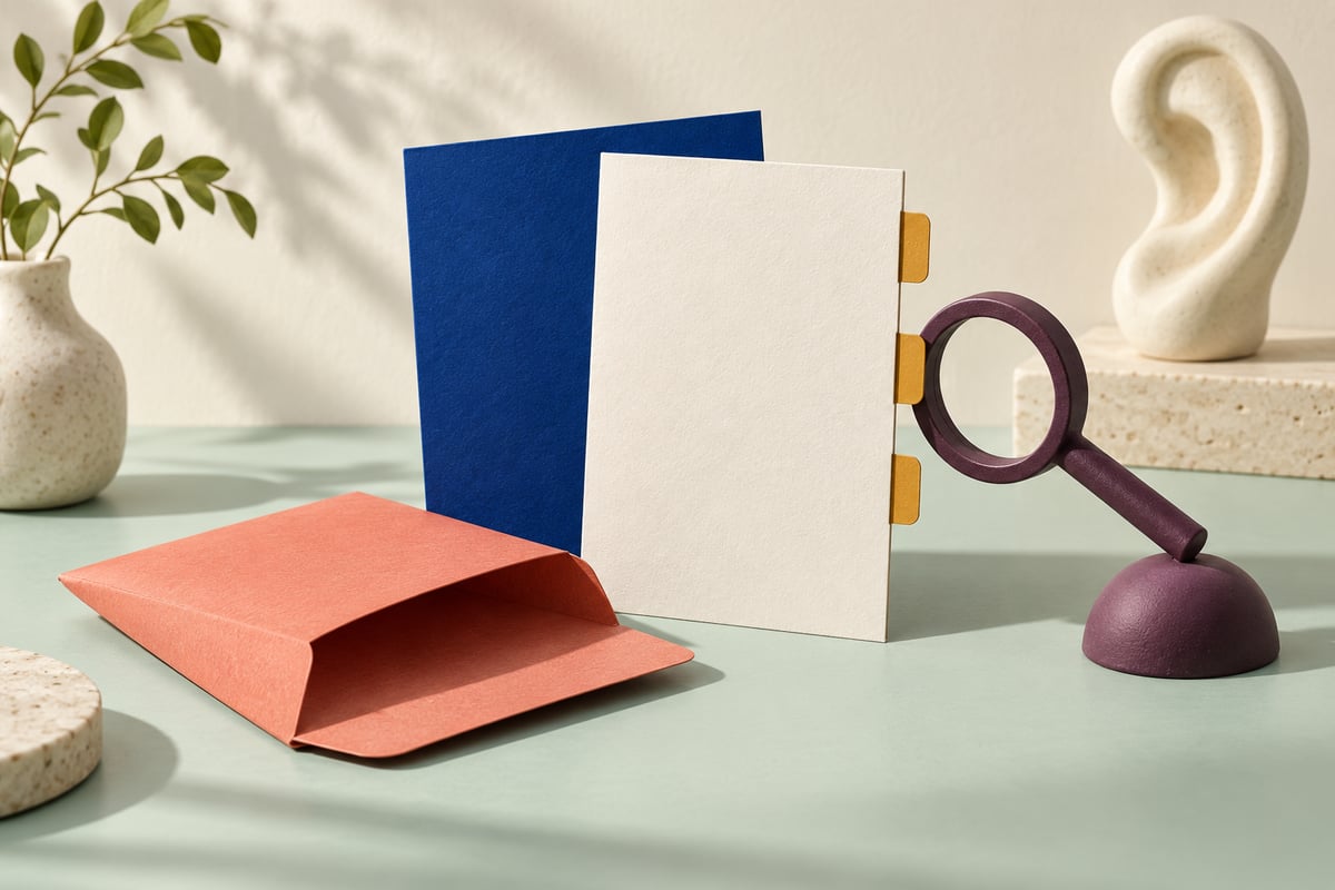 Conceptual cobalt and ivory cards with ochre tabs, coral paper sleeve and plum magnifier beside an ivory ear on mint.