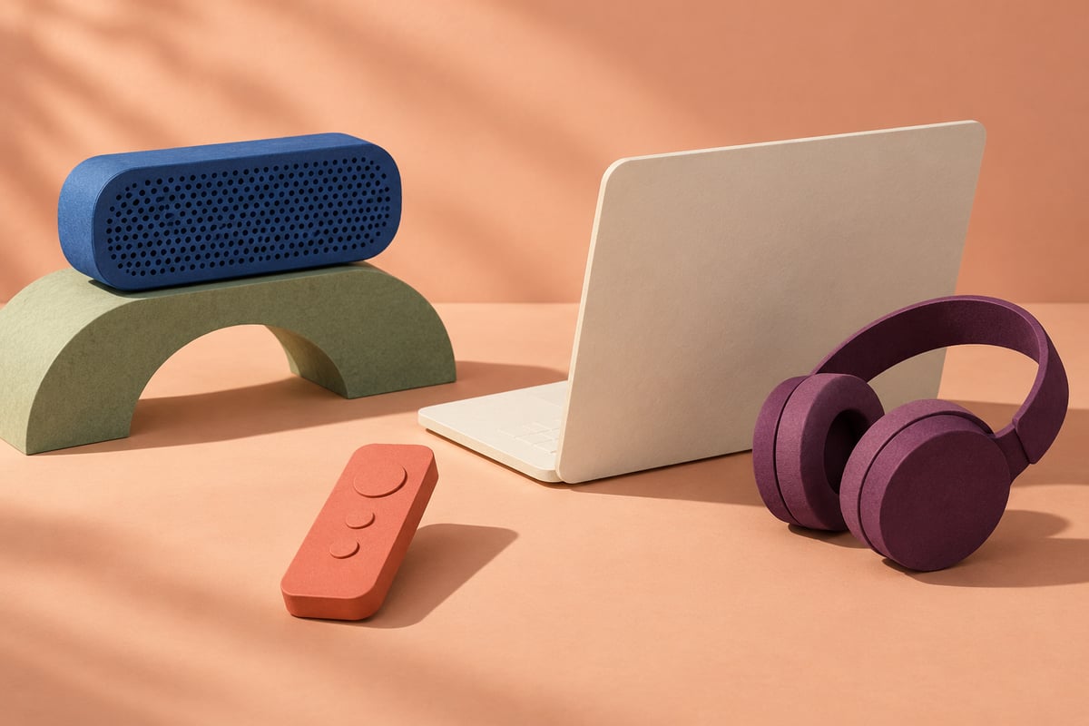 Conceptual coral remote beside ivory computer and plum headphones, with a cobalt speaker on a separate sage arch.
