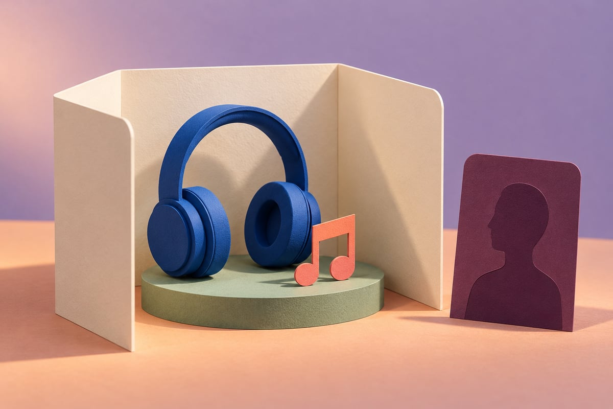 Conceptual cobalt headphones and coral note inside an ivory folded screen beside a plum profile-shaped card on lavender.