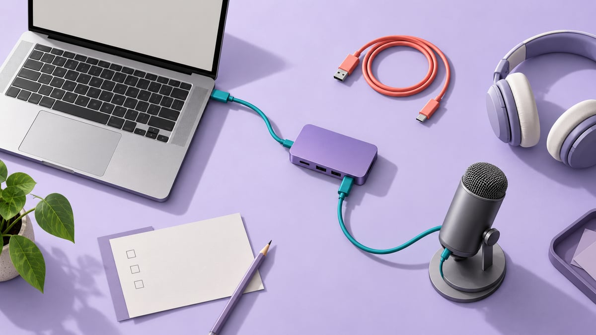 Overhead editorial illustration of an open laptop, violet hub, desktop microphone, headphones and separate teal and coral cables.