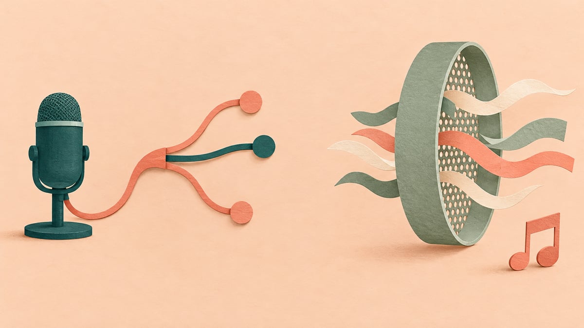 Conceptual microphone-choice fork beside a separate sage filter ring with paper sound ribbons and a coral music motif.