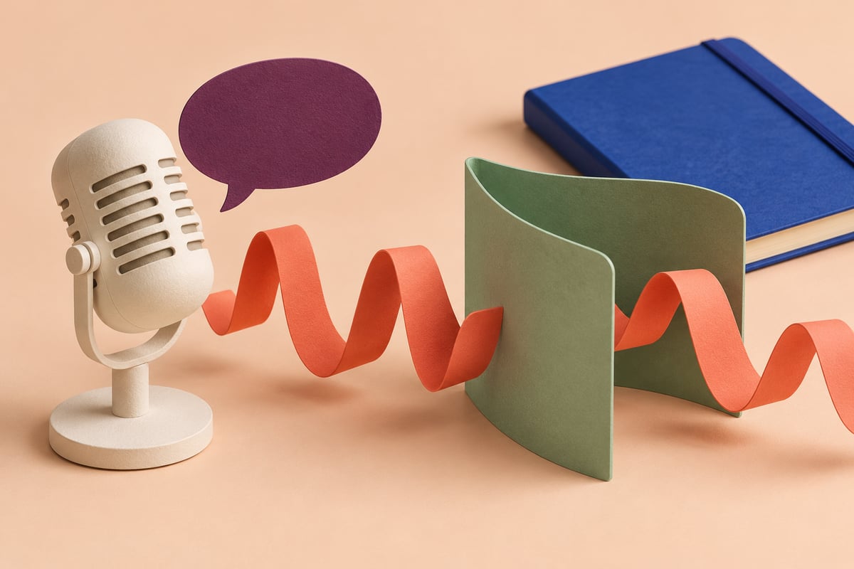Conceptual ivory microphone, plum speech bubble and coral folded ribbon beside a sage screen and cobalt notebook on peach.