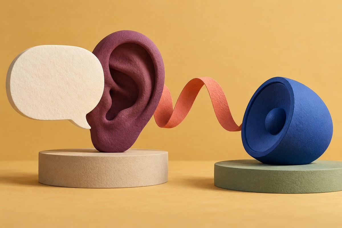 Conceptual ivory speech bubble and plum ear beside a cobalt speaker on sage, with a coral ribbon against ochre.