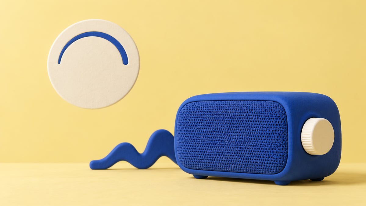 Conceptual cobalt speaker with a physical ivory knob beside a separate floating readout medallion on yellow.