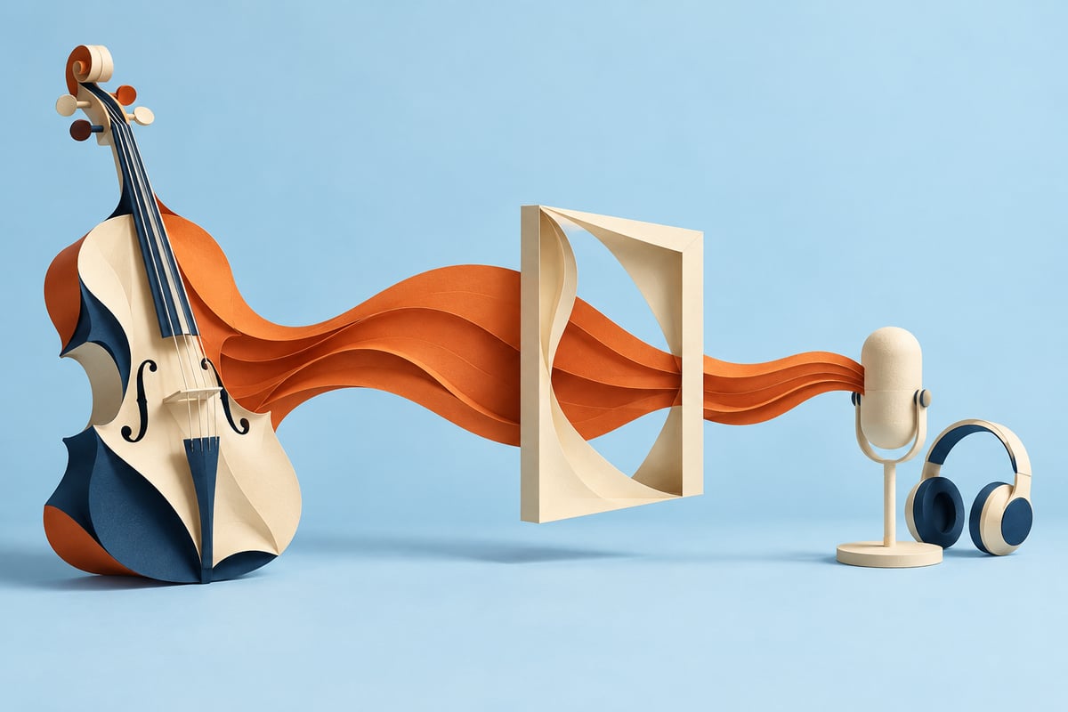 Conceptual burnt-orange violin and sound ribbon passing an open paper frame toward a cream microphone and headphones on sky blue.