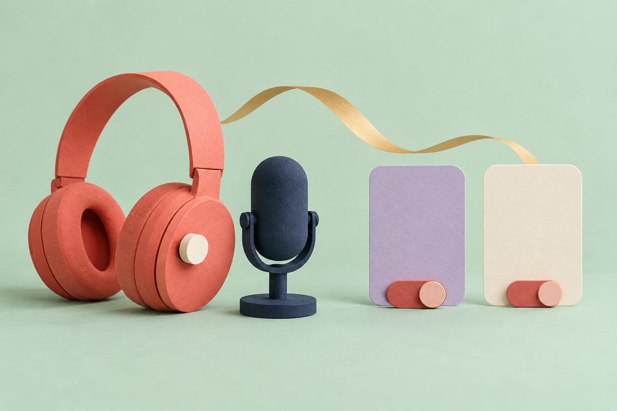 Conceptual coral headphones with an ivory button beside a navy microphone, two blank lilac and cream control cards and a gold paper ribbon on mint.