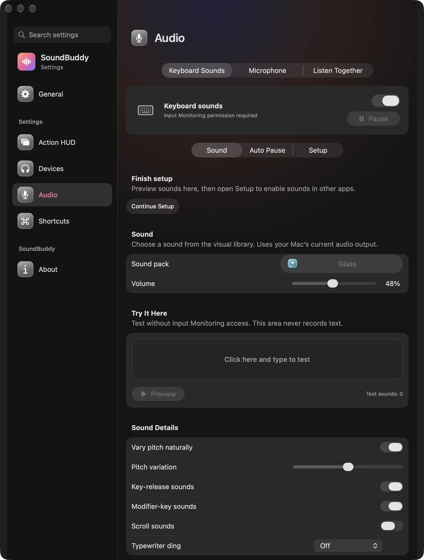Actual SoundBuddy Keyboard Sounds settings showing permission required, Glass selected, volume at 48% and an unused local test area.