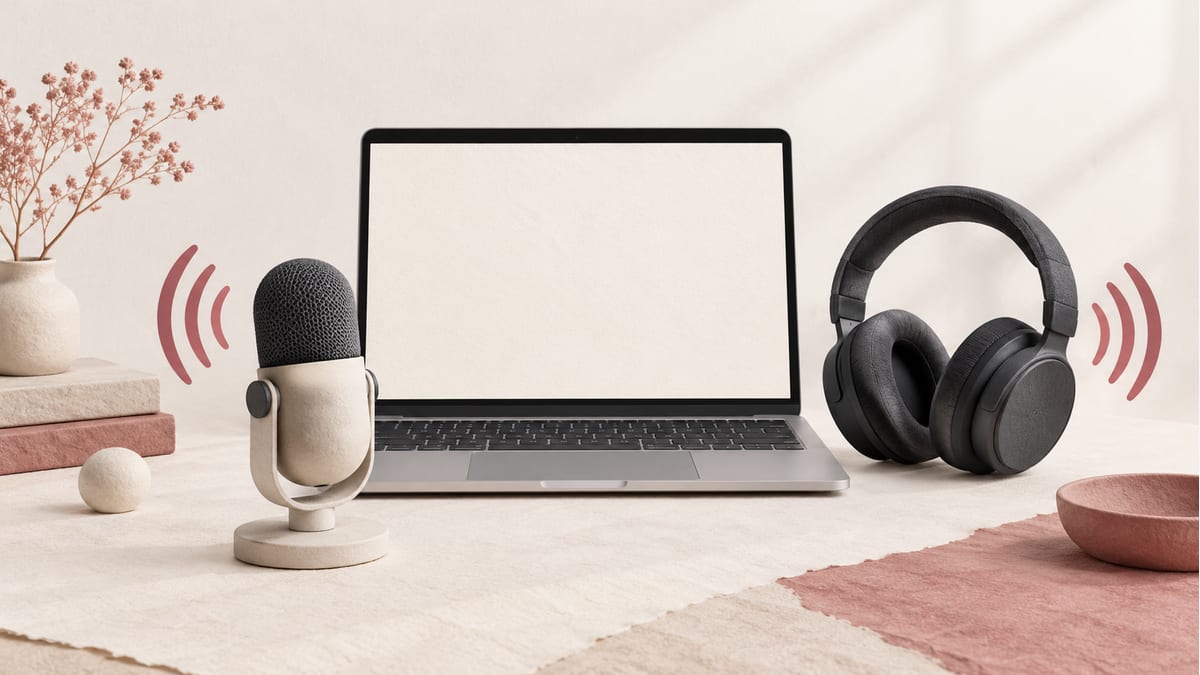 Illustration of a laptop, a microphone and headphones representing separate audio input and output.