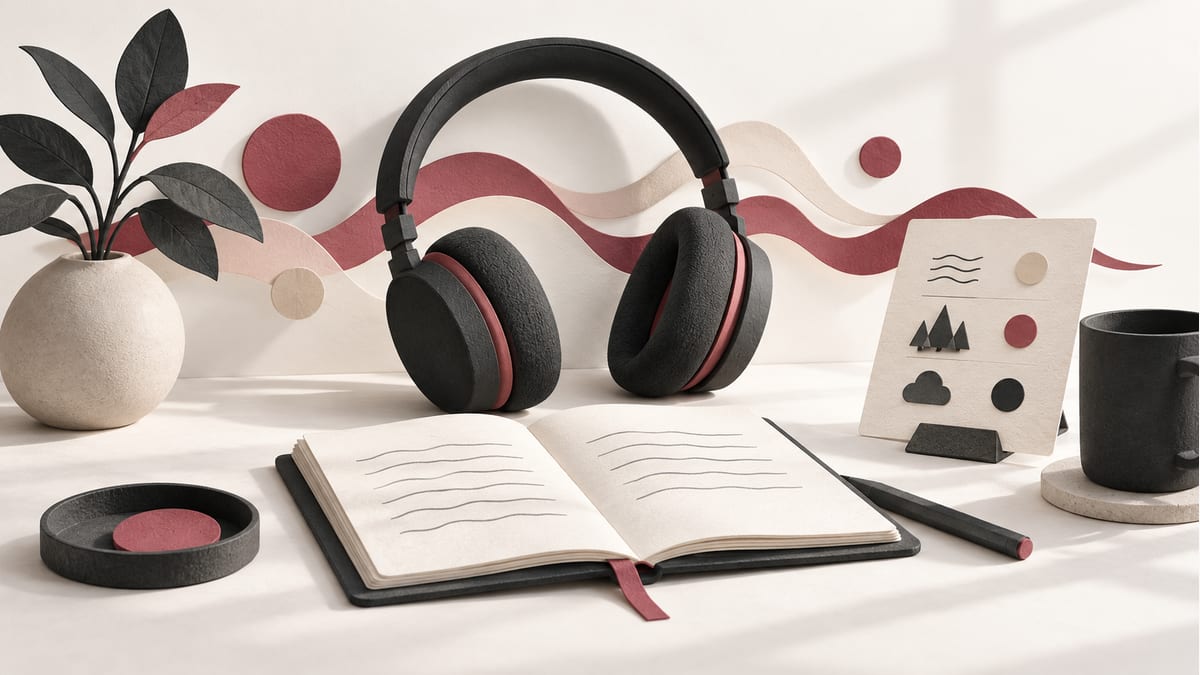 Illustration of headphones beside an open notebook and task card, with abstract musical waves.
