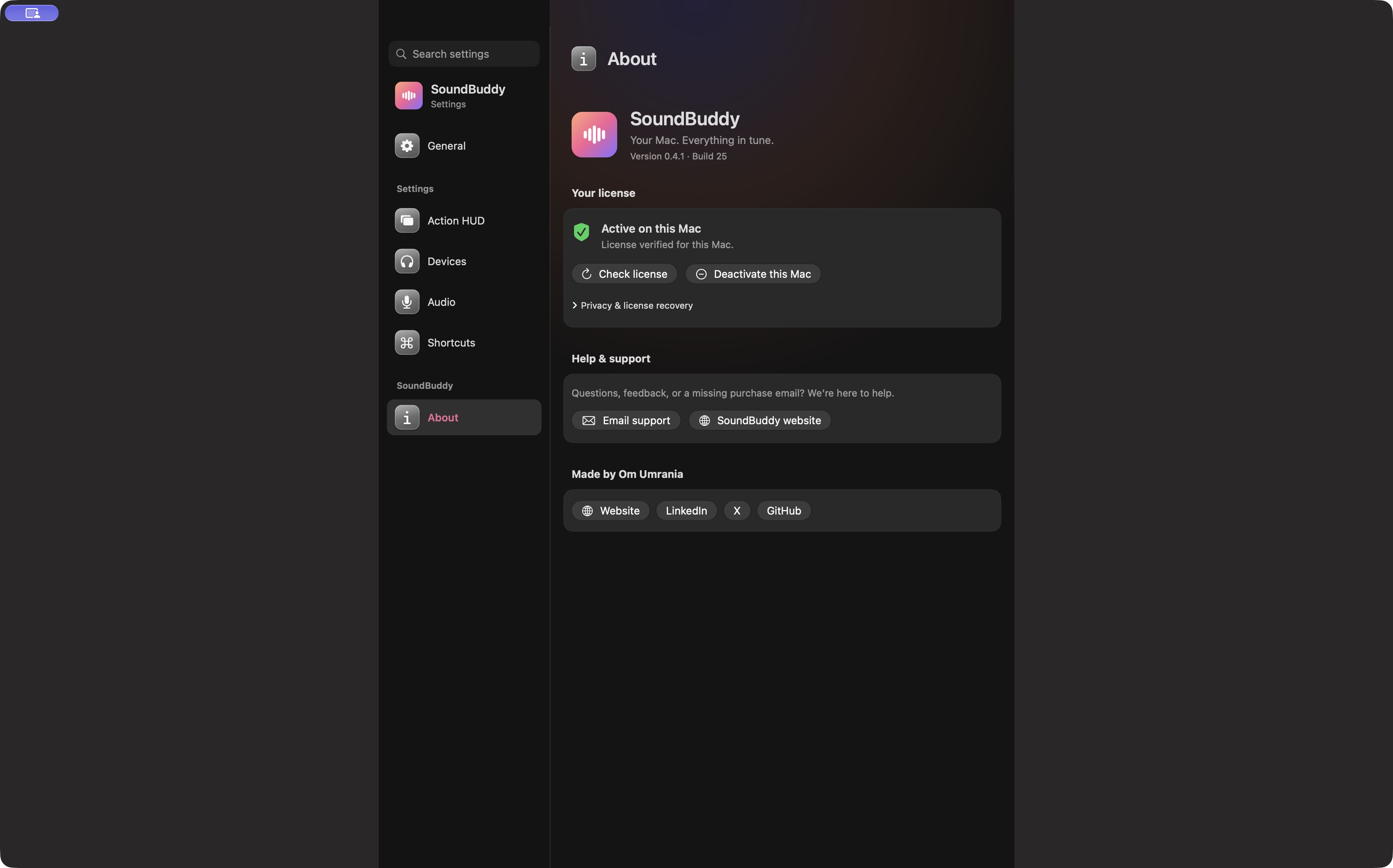Actual SoundBuddy About view identifying version 0.4.1 build 25 on the maker's installation.
