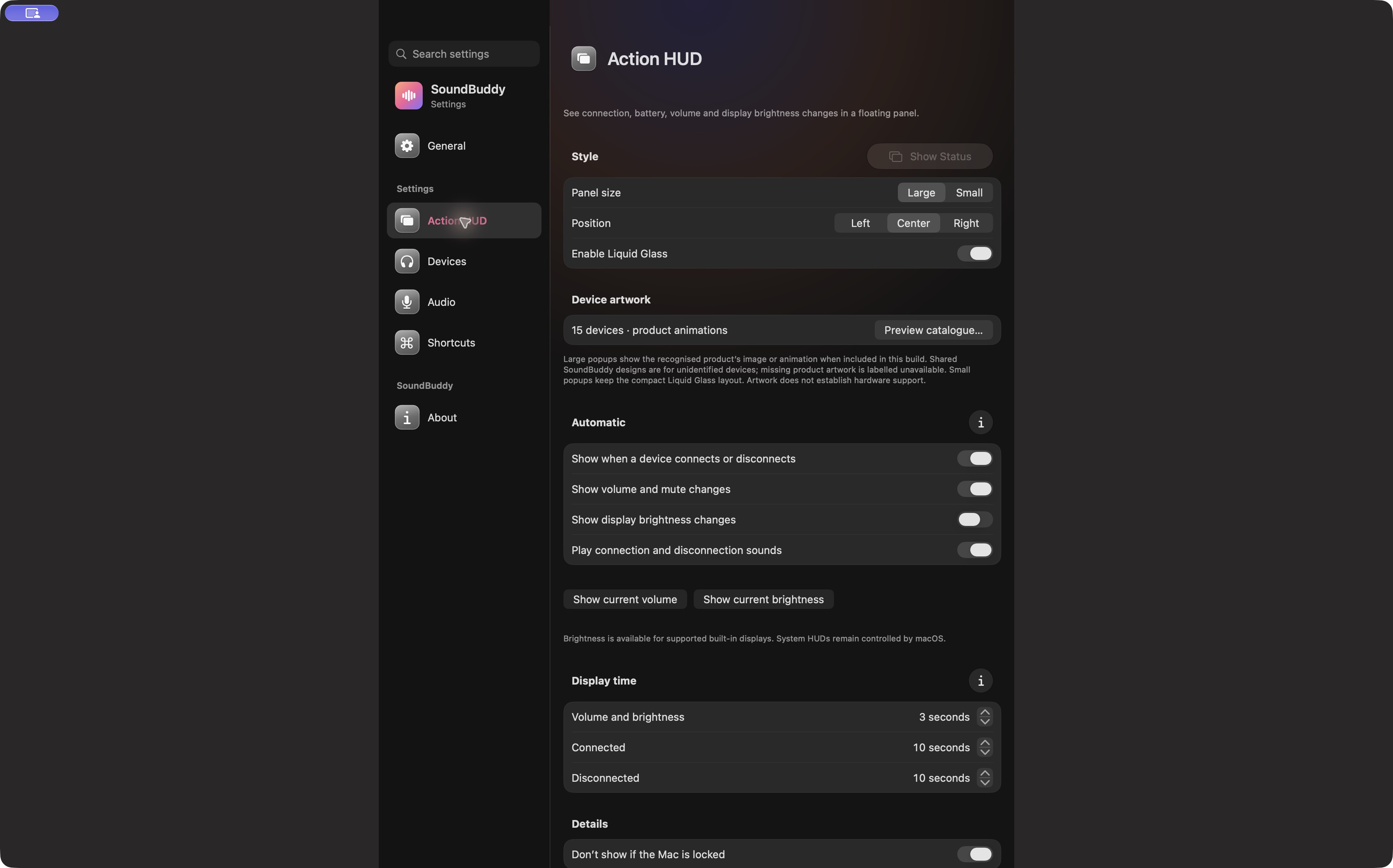 Actual SoundBuddy Action HUD settings with Show display brightness changes off and Show current brightness visible.