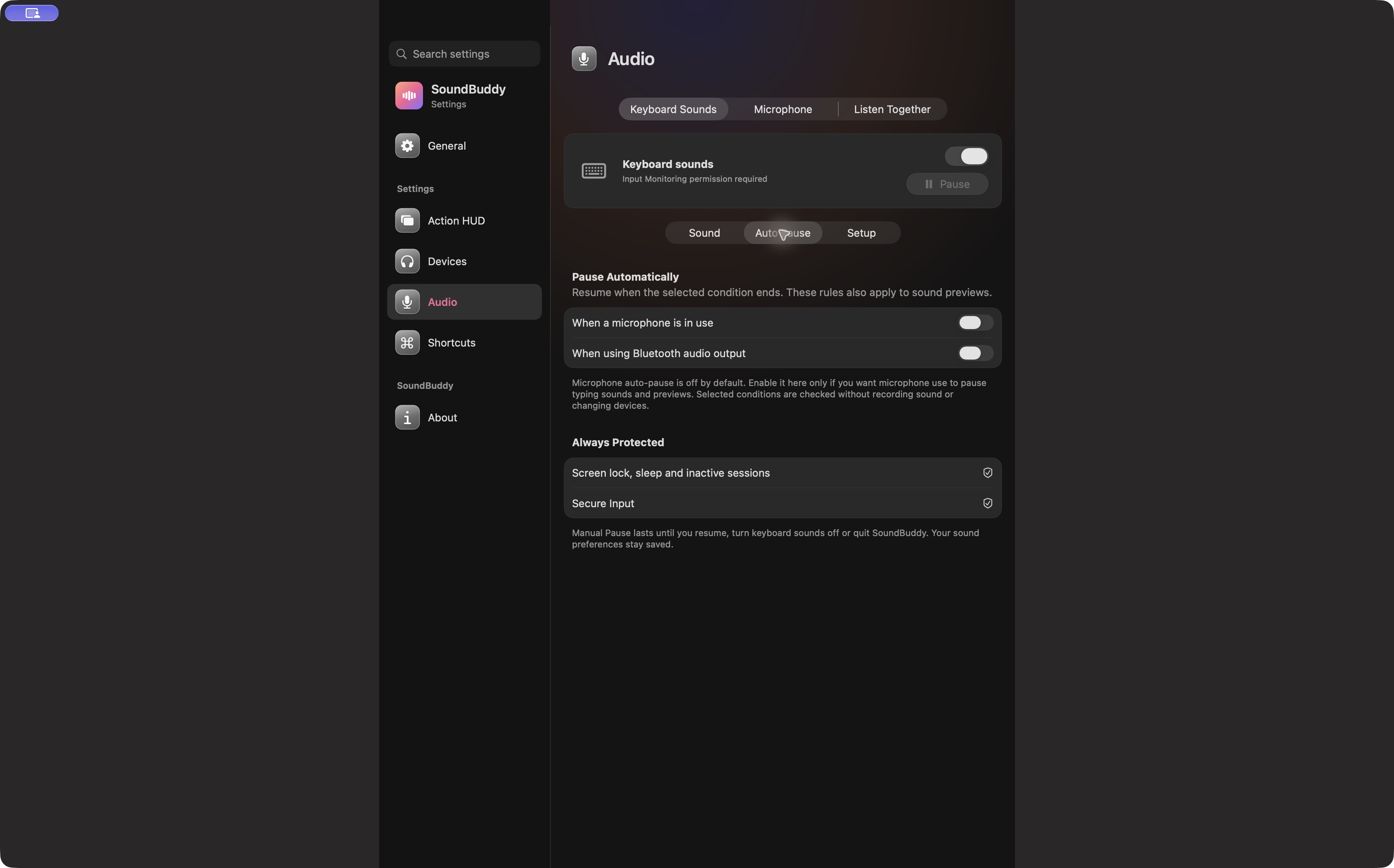 Actual SoundBuddy Auto Pause screen with microphone and Bluetooth-output conditions off.