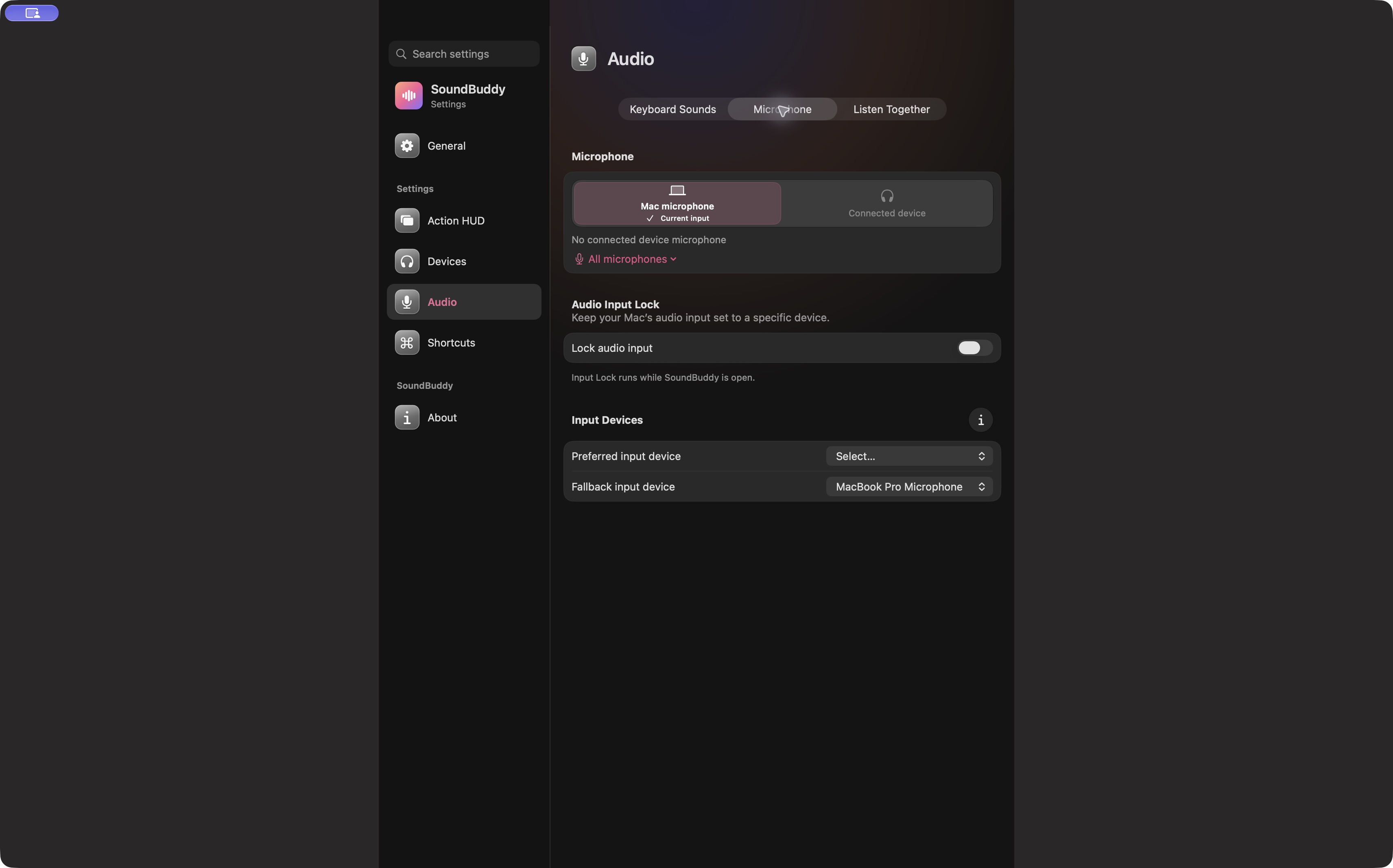 Actual SoundBuddy Microphone settings with Input Lock off and no preferred input selected.