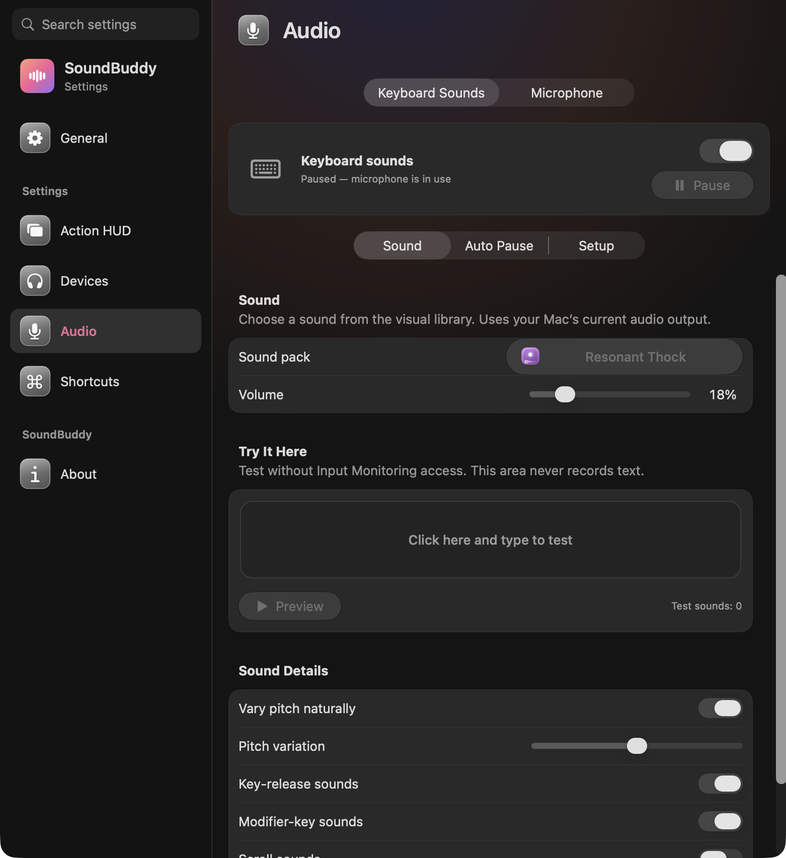 SoundBuddy keyboard settings with selected sound, volume, local test pad and sound details.