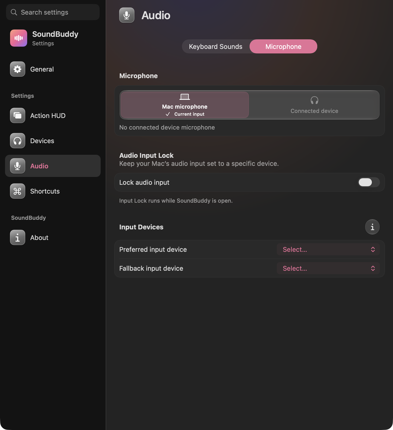 SoundBuddy microphone settings with Mac microphone selected, connected input unavailable and Input Lock off.
