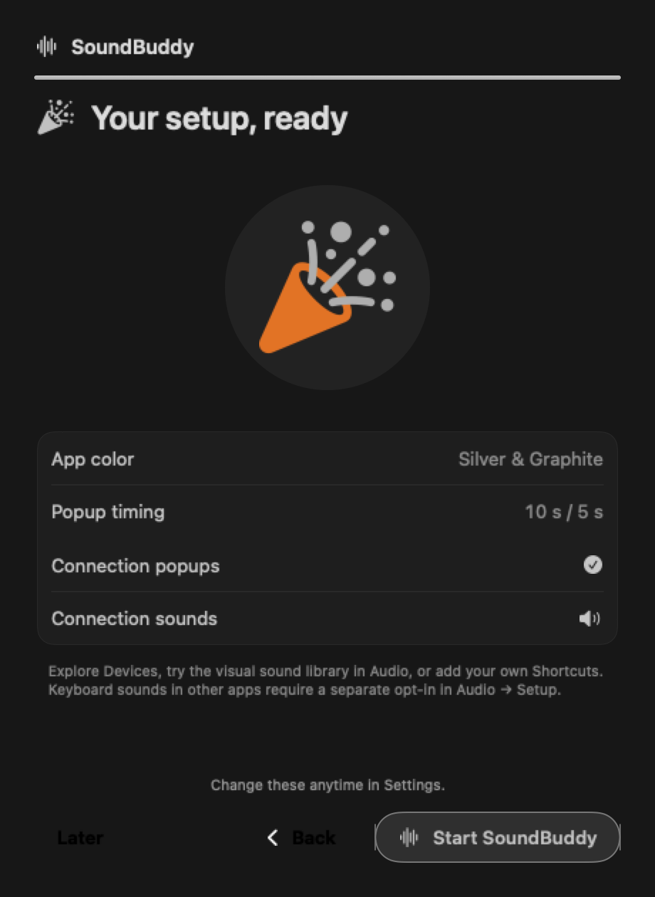 Your setup, ready: setup step 5 of five in dark appearance.