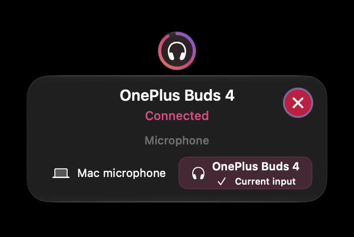 Actual SoundBuddy device panel showing OnePlus Buds 4 connected and selected as the current microphone input.