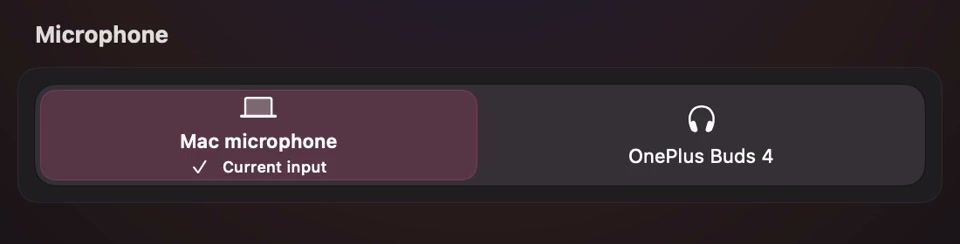 Actual SoundBuddy microphone controls showing Mac microphone as Current input and OnePlus Buds 4 as another choice.