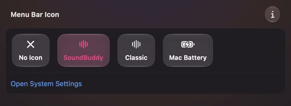 Actual SoundBuddy Menu Bar Icon settings showing No Icon, SoundBuddy, Classic and Mac Battery, with SoundBuddy selected.