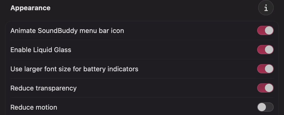 Actual SoundBuddy Appearance section with menu bar animation and Reduce transparency enabled, and Reduce motion off.