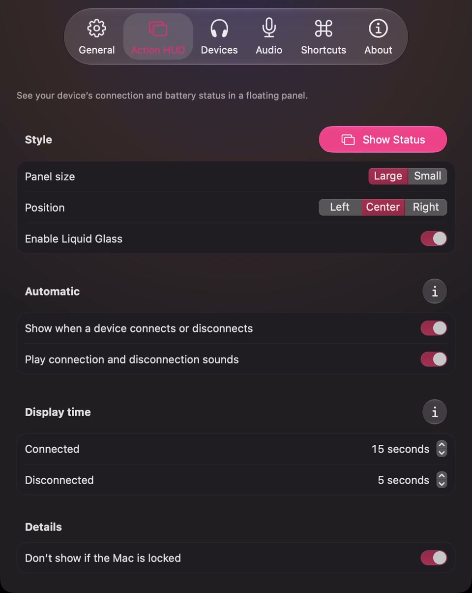 Actual SoundBuddy Action HUD settings with Large panel size and Center position selected.