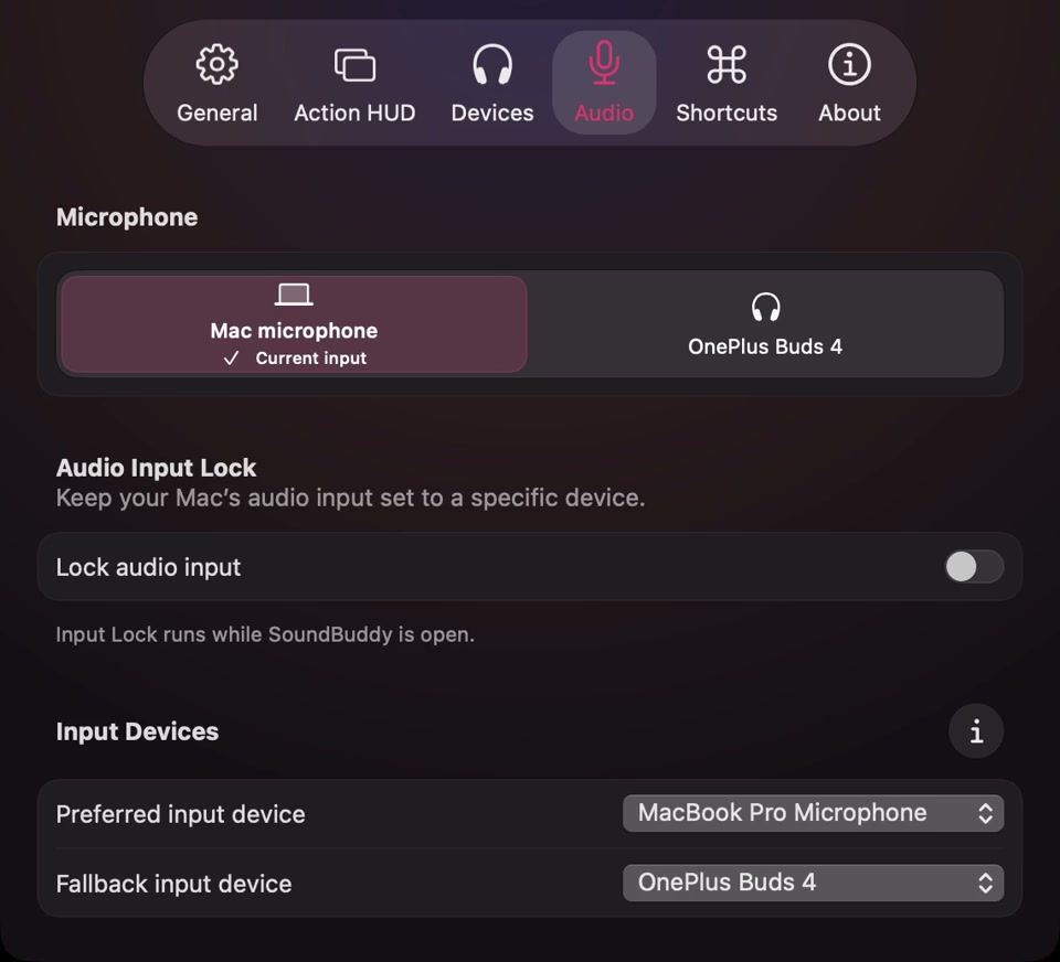 Actual SoundBuddy Audio settings with Mac microphone marked Current input, Input Lock off and preferred/fallback device choices visible.