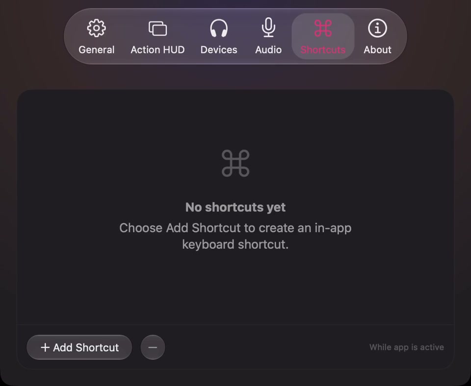 Actual SoundBuddy Shortcuts page showing No shortcuts yet, Add Shortcut and While app is active.