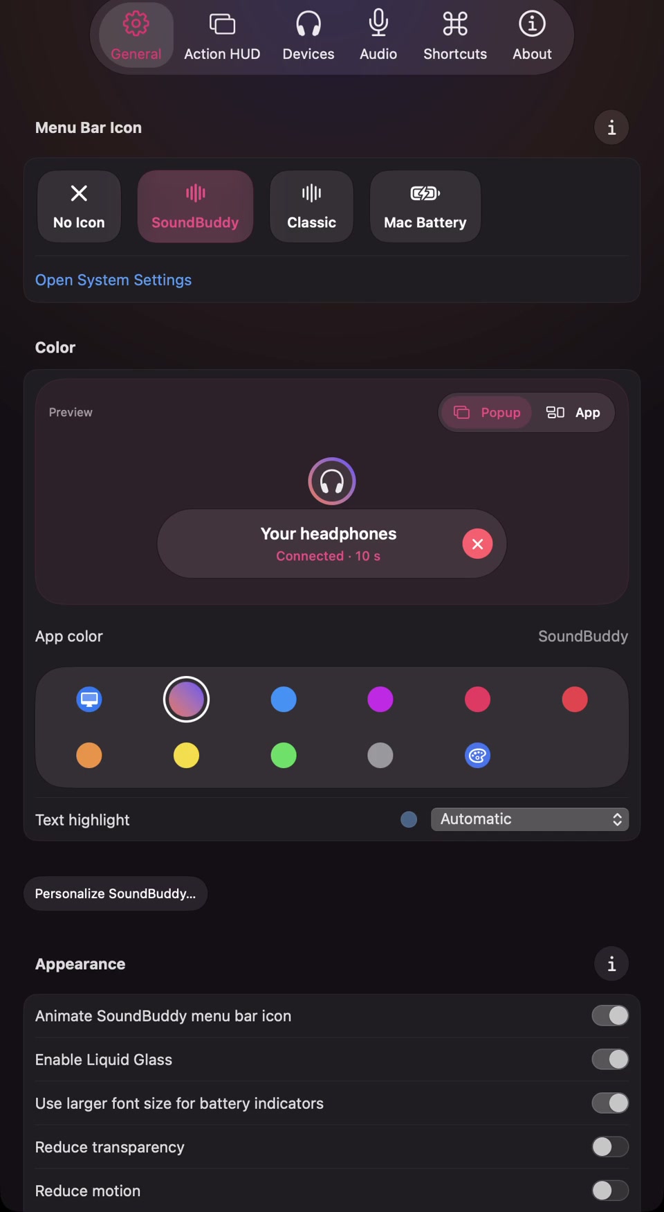 Actual SoundBuddy General settings with Menu Bar Icon, Color and Appearance sections.