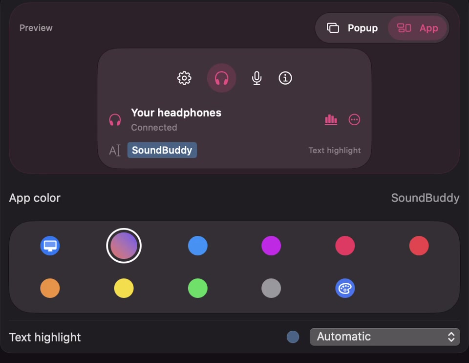 Actual historical SoundBuddy personalization controls with App preview selected, color choices and Automatic text highlight.